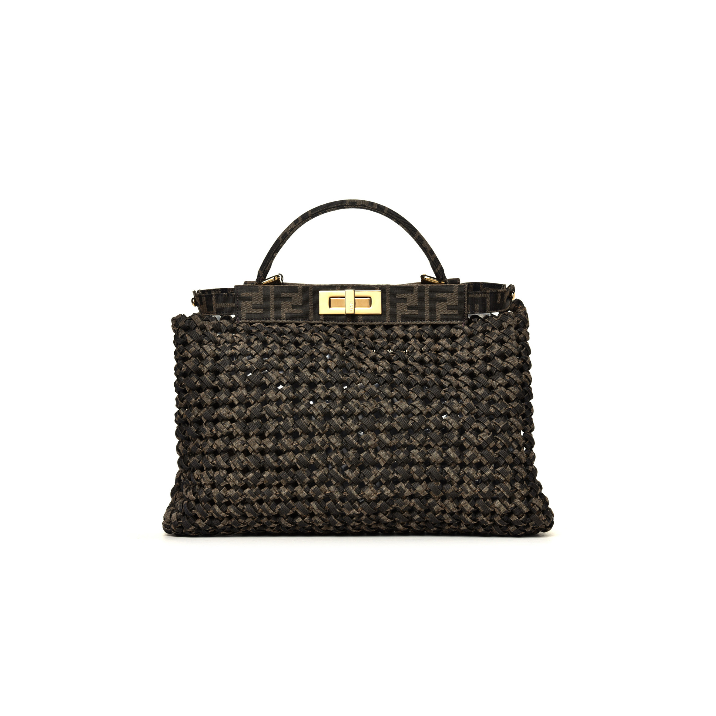 FENDI FABRIC JACQUARD FF 1974 WOVEN KNOTTED MEDIUM PEEKABOO ICONIC SATCHEL TOBACCO MORO (34*25*13cm) 